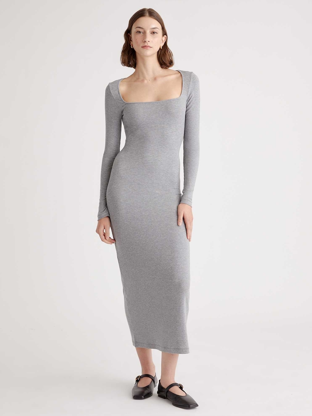 Square-Neck Long Sleeve Bodycon Midi Dress in Heather Gray